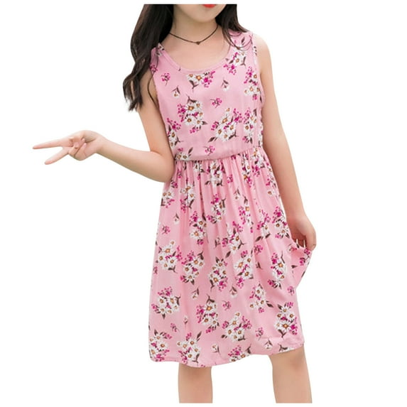XMMSWDLA Girls Sleeveless Dress Round Neck Floral Printed Sundress for Casual Home Party Beach Toddler Clothes