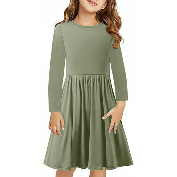 XMMSWDLA Girls Toddler Dress Girls Long Sleeve Maxi Dress Solid Color Casual Long Dresses Army Green Gifts for Girls