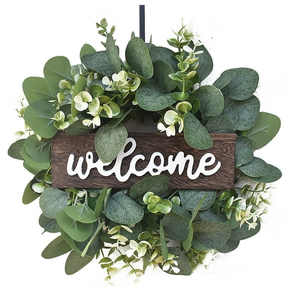 XMMSWDLA Green Eucalyptus Wreath for Front Door, 11.8 inch Eucalyptus Leaves Wreath with Welcome Sign, Spring/Summer Wreaths for Indoor/Outdoor Farmhouse Home Wall Window Decor