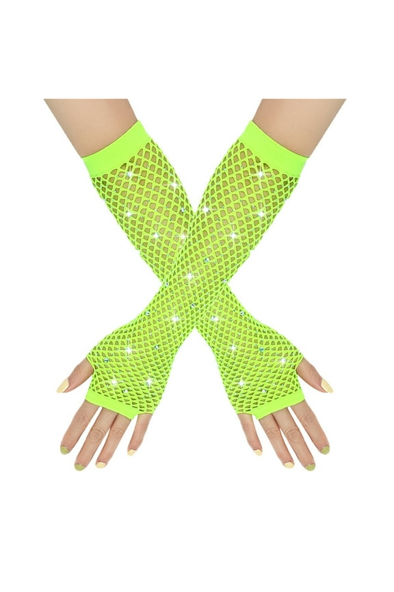 Halloween 80s 90s Fishnet Fingerless Rhinestone Mesh Gloves For Women Kids Neon Fingerless Glove Assorted Neon Colors For 80s s Accessories Mesh Gloves Green