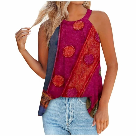 XMMSWDLA Halter Tank Tops Women Floral Printed Summer Sleeveless Blouse and Tops Casual Loose Tunic Shirts Cute Tank Tops Red Slimming Tank Tops Women