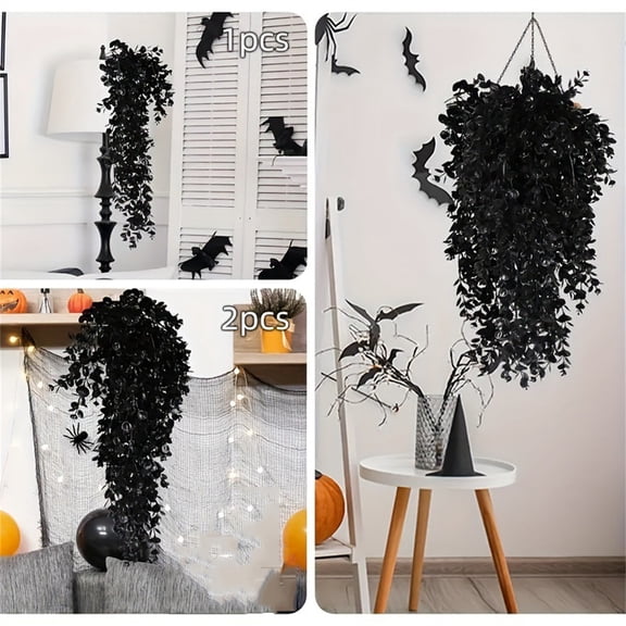 XMMSWDLA Hanging Flowers Faux Hanging Plants Black Artificial Hanging Plant Fake Greenery Faux UV Resistant Hanging Vines Plant for Indoor Outdoor Wedding Halloween Party Fall Wall Room Door Decor