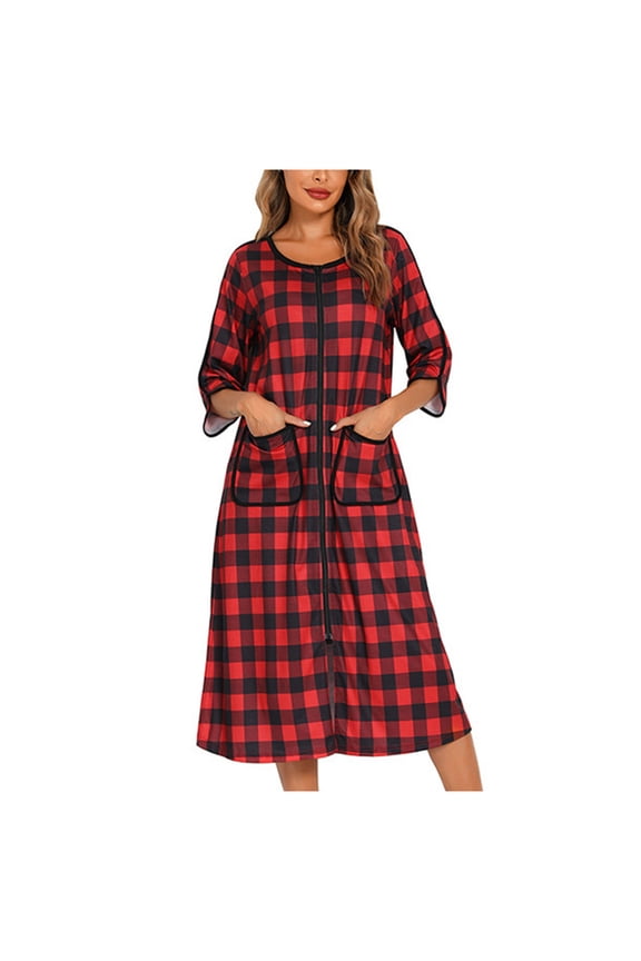 House Dresses for Womens Robe Long Zip Up House Coat Half Sleeve Night Gowns Comfy Sleepwear Print Loungewear Christmas Pajamas