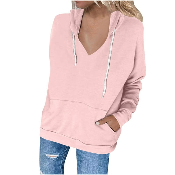 XMMSWDLA Kangaroo Pocket Hoodies for Womens V Neck Lightweight Sweatshirts Long Sleeve Tops Crop Sweatshirts for Women Crop Sweatshirts for Womenpink 2XL