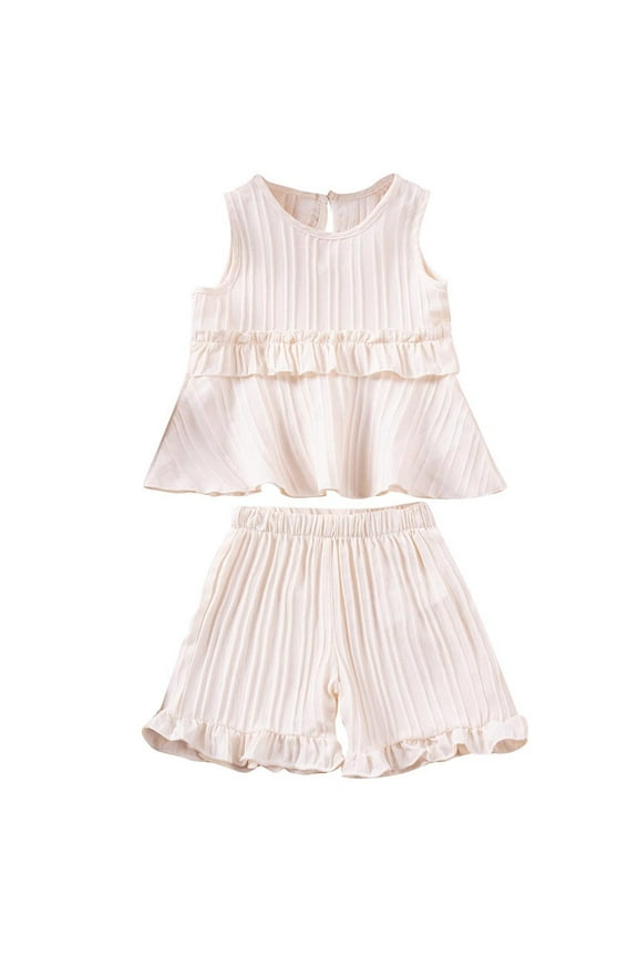 Kids Seasonal Outfits Toddler Baby Girl Summer Clothes Floral Print Halter Ruffle Tank Tops Shorts Outfits Set Beige Summer Short Sleeve Outfits