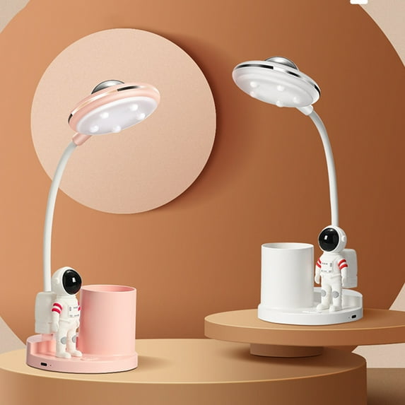 XMMSWDLA LED Desk Lamp for Kids, Astronaut Cute Small Desk Lamp with USB Charging Port, Pen Holder, Projection Night Lights for Kids, White Desk Lamp, Eye-Caring Study Table Lamp for Boys Bedroom