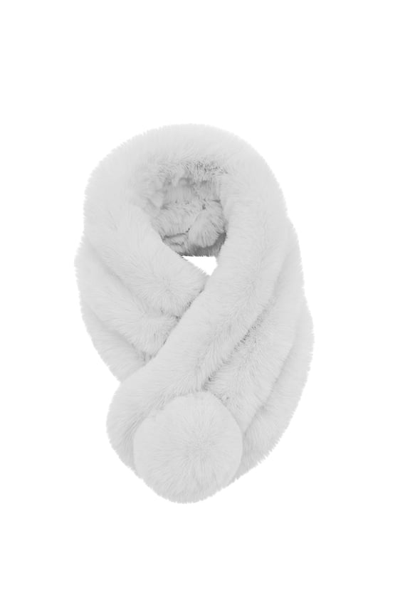 Long Rabbit Ball Scarf - Womens Neck Trim Scarf - Winter Collar Wrap White Fall Scarves