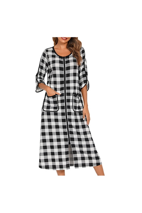 Long Robes for Women Zip Up Bathrobes Ladies Soft Cotton Robe with Pockets Half Sleeve Loungewear House Dresses Winter Robes for Women
