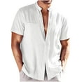 thumbnail image 1 of XMMSWDLA Men's Casual Button Down Cotton Linen Shirts Short Sleeve Band Collar Beach Shirt Top White Muscle Shirts for Men, 1 of 7