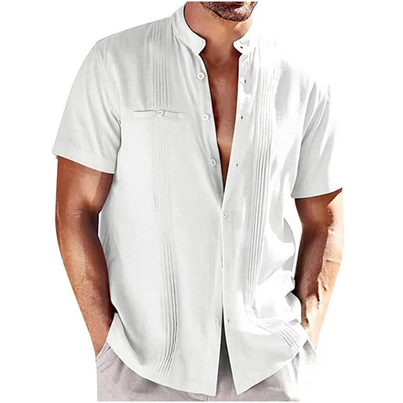 XMMSWDLA Men's Casual Button Down Cotton Linen Shirts Short Sleeve Band Collar Beach Shirt Top White Muscle Shirts for Men