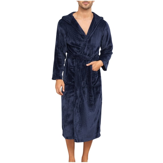 XMMSWDLA Men's Casual Solid Color Pockets Binding Rope Long Sleeves Pajama Robes