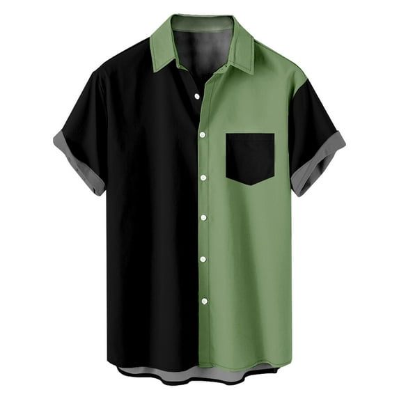 XMMSWDLA Men's Color Block Short Sleeve Collar Neck Button Down Shirt Top Green T Shirts for Man