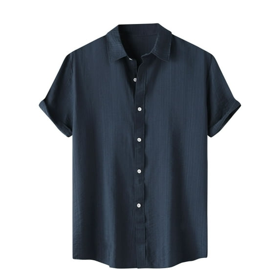 XMMSWDLA Men's Cotton Linen Short Sleeve Shirts Lightweight Casual Button Down Shirts Summer Beach Spread Collar Tops Navy Boys' Tops, Tees & Shirts