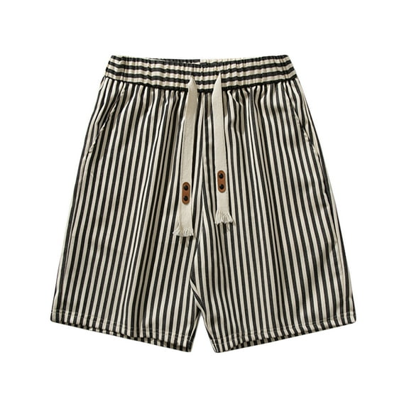 XMMSWDLA Men’s Linen Blend Shorts Striped Elastic Waist Drawstring Beach Shorts with Pockets Black Mens Stretch Shorts