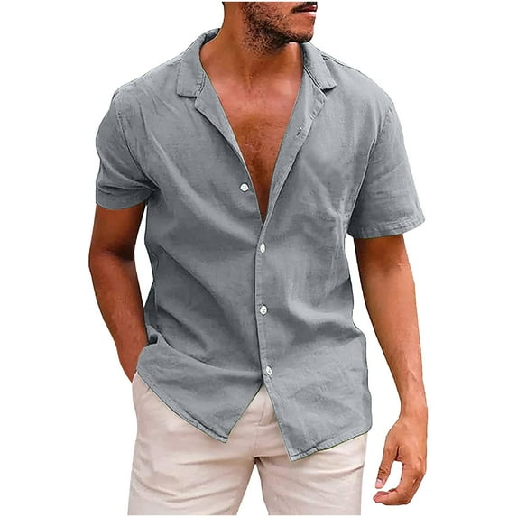 XMMSWDLA Mens Button Down Shirts Casual Short Sleeve Linen Tops Cotton Lightweight Fishing Tees Spread Collar Plain Shirt Gray Swimming Shirts for Men