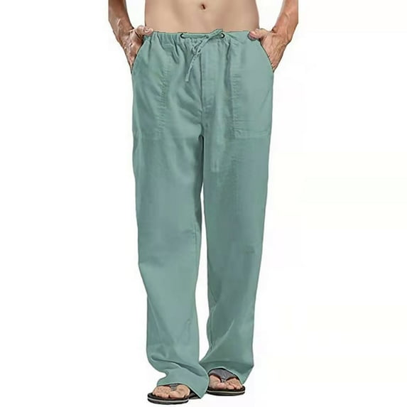 XMMSWDLA Mens Casual Linen Pants Loose Fit Elastic Drawstring Waist Straight-Legs Summer Yoga Beach Long Pants Casual Pants for Men