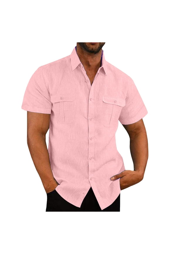 Mens Casual Linen Shirt Short Sleeve Button Down Shirt Summer Beach Hawaiian Shirts Pink Men's Athletic Shirts & Tees