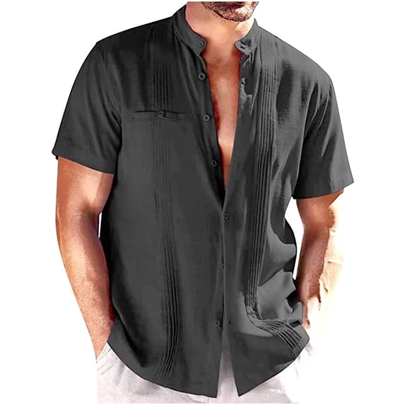 XMMSWDLA Mens Linen Shirts Short Sleeve Button Down Shirts Cotton Summer Beach Shirts Vacation Hawaiian Shirts Black Mens T-Shirts