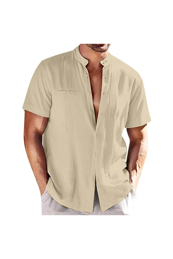 Mens Short Sleeve Button UP Shirts Linen Cotton Beach Tops Spread Collar Plain Summer T Shirt Khaki Hawaiian Shirt for Men