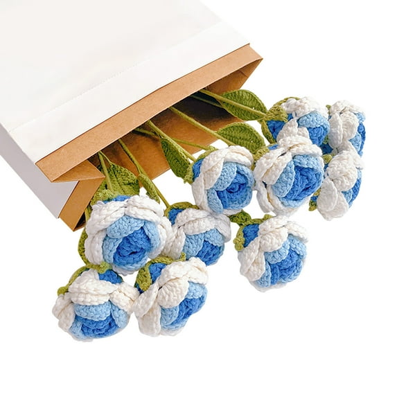 XMMSWDLA Patio Decorations OutdoorHandwoven Eternal Flower Gradual Rose Imitation Flower Woolen Thread Hooked Finished Flower Bundle As A Gift for Girlfriend and Girlfriend Blue Flowers