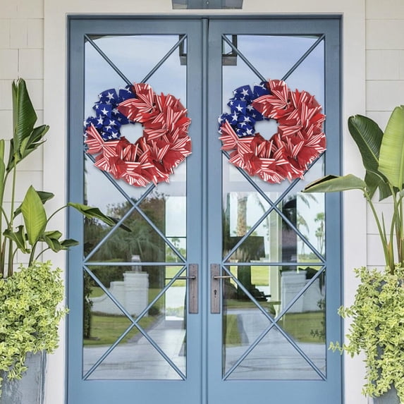 XMMSWDLA Patriotic Day Memorial Day American Flag Color Burlap Mesh Wreath for Front Door Independence Day 4th of July Wreath for Indoor and Outdoor Red White Blue Ribbon Mesh Wreath