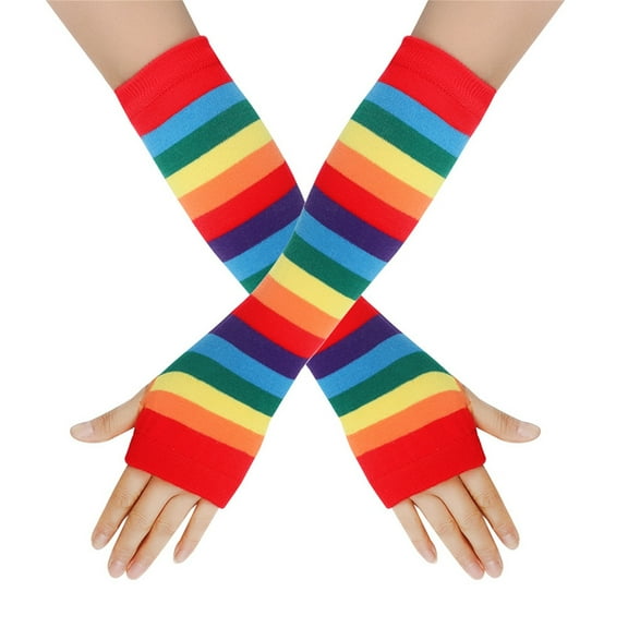 XMMSWDLA Rainbow Long Fingerless Gloves Set,Striped Knee High Socks Rainbow Arm Warmers Women Accessories Bike Gloves Women Watermelon Red