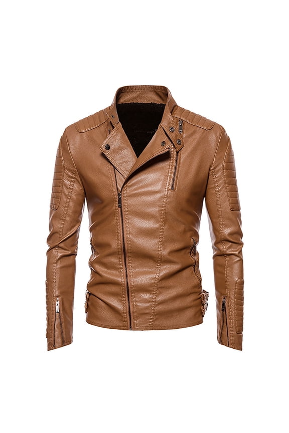 Blousse for Men Autumn Spring And Autumn Solid Color Zipper Faux Leather Jacket