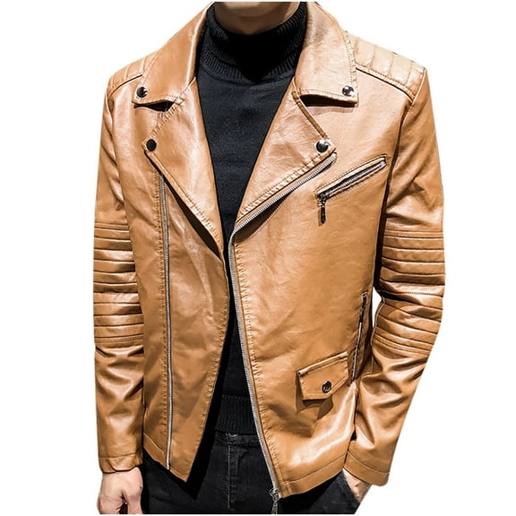 XMMSWDLA Blousse for Men Autumn Spring And Autumn Solid Color Zipper Faux Leather Jacket