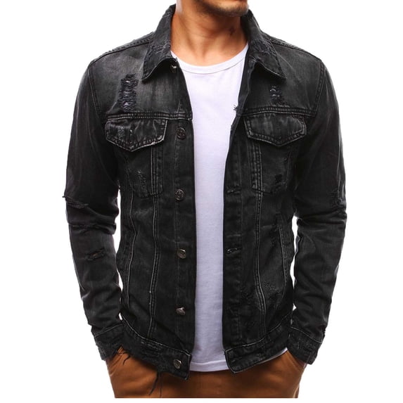 XMMSWDLA Blousse for Men Button Solid Color Hole Vintage Denim Jacket Tops Blouse Coat