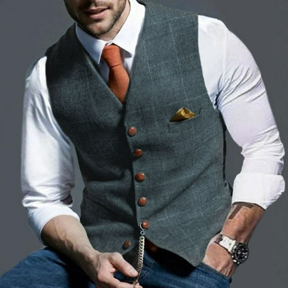 XMMSWDLA Blousse for Men Lattice V-neck Single-breasted Slim Fit Vest Suit Business Waistcoat