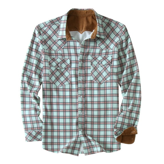 XMMSWDLA Blousse for Men Plaid Padded Shirts Casual Long Sleeve Button Down Lapel Jackets Slim Fit Winter Warm Tops Blouse
