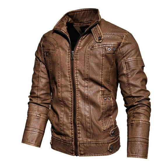XMMSWDLA Blousse for Men Solid Retro Zipper Motorcycle Plus Velvet Stand-up Collar Leather Winter Jacket Coats