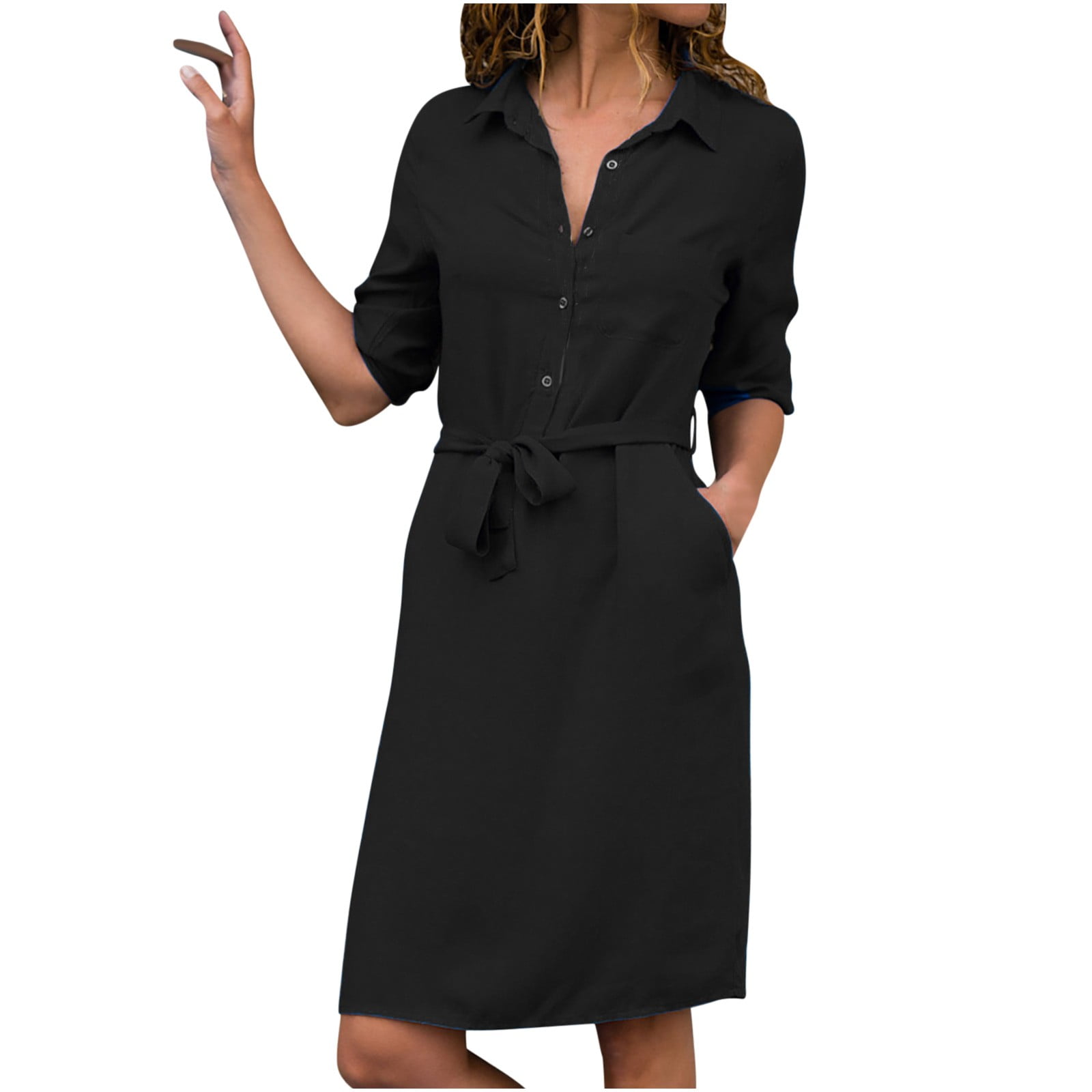 Frontwalk Ladies Knee Length Dresses Lapel Collar Midi Dress 3 4 Sleeve Office Basic Button Down Light Blue M Walmart