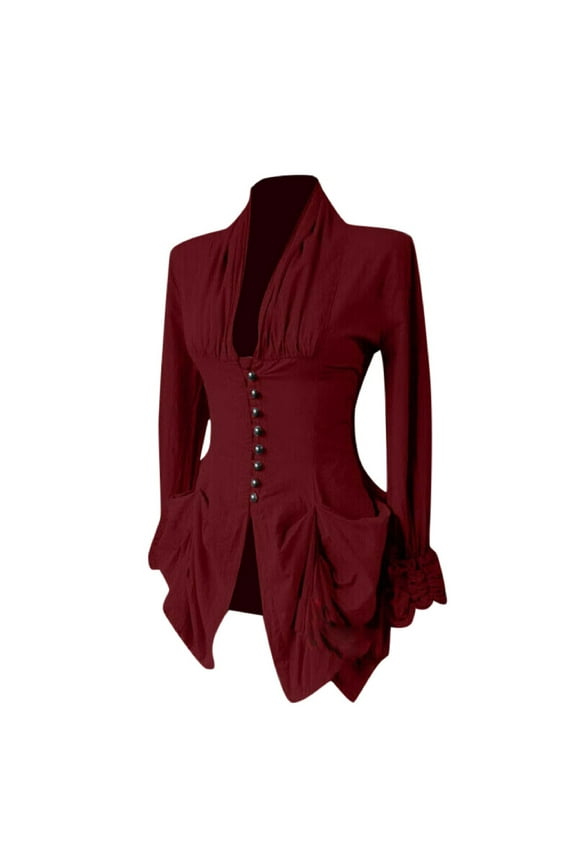 Women Vintage Steampunk Shirt Coat High-Low Hem V-Neck Long Puff Sleeve Button Up Tailcoat Blazer Outwear Victorian Retro Sweatshirts Shirt Tops