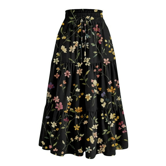 Yucgh Women's Floral Print Midi Skirt with Drawstring Elastic Waist, Casual Bohemian Skirt, A-line Summer Skirt with Pockets,Black,XL