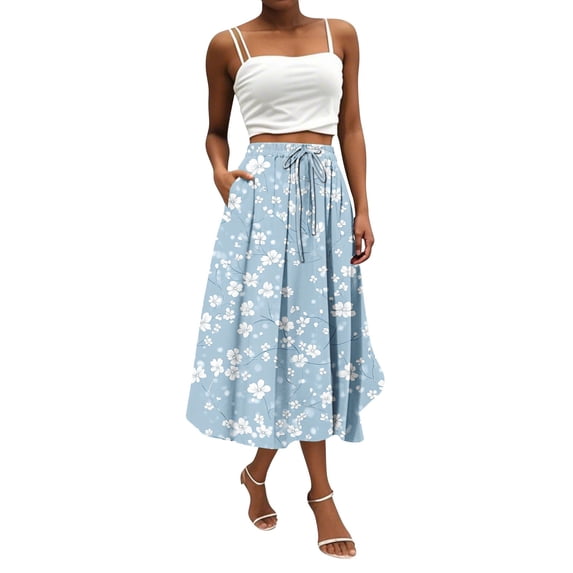 Yucgh Women's Bohemian Flower Print Midi Skirt with Pockets, Solid Color Casual Skirt, High Waisted Elastic Waist Skirt for Summer,Light Blue,2XL