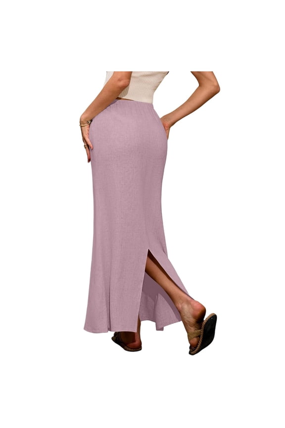 Women's Solid Color Fishtail Split Skirt with Elastic Waist & Side Pockets, Swing Maxi Skirt, Casual Linen Blend Beach Skirt for Summer,Pink,M