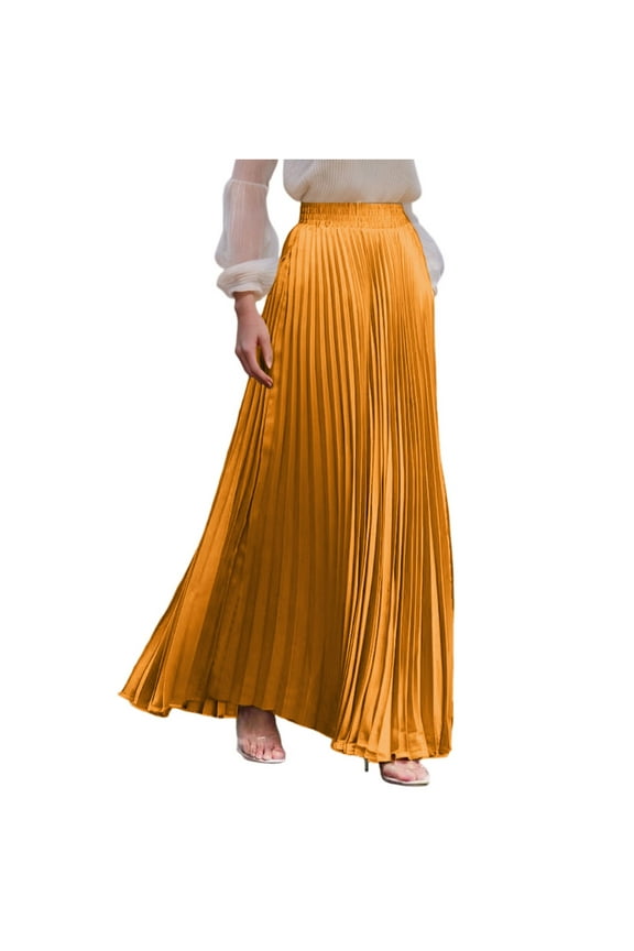 Women's Pleated Solid Color Maxi Skirt with Large Swing, A-line Floor Length Skirt, Casual Flowy Skirt with Elastic Waist,Gold,XL