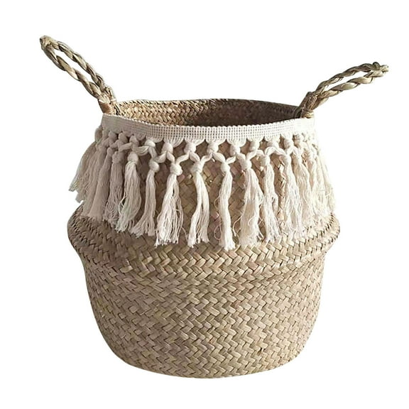 XMMSWDLA Seagrass Belly Basket Natural Storage Plant Basket Plant Pot Woven Plant Basket with Handles and Tassels for Living Bathroom Laundry Toy Grocery Storage, Small, Medium and Large