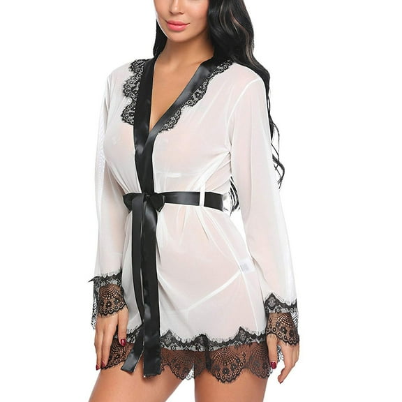 XMMSWDLA Silk Robes for Women Lace Trim Short Satin Sleepwear 3/4 Sleeve Bride Robe with V-Neck Long Robes for Women