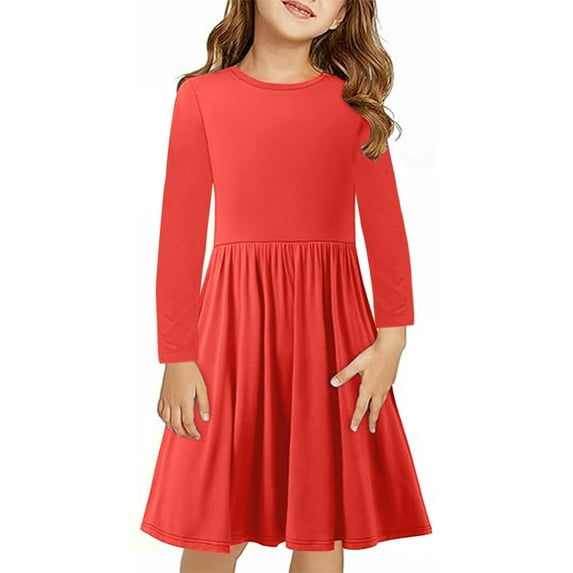 XMMSWDLA Spring Dresses Girls Long Sleeve Dress Cotton Casual Dresses Twirly A-line Skater Dress for School Party 4-13 Years Red Beach Dress