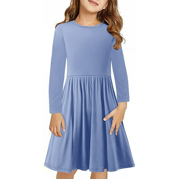 XMMSWDLA Spring Dresses Girls Long Sleeve Skater Dress Kids Casual Crewneck A-Line Flowy Fall Dresses 4-13 Years Blue Beach Dress