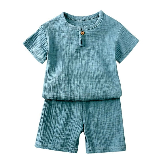 XMMSWDLA Stretchy Kids Clothing Pack Baby Boy Cotton Linen Shorts Set Solid Color Short Sleeve Button Down T-Shirt Tops and Shorts Summer Outfit Clothes Blue Matching Sibling Outfits for Toddlers