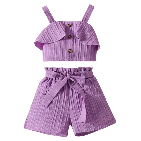 XMMSWDLA Striped/Polka Dot Clothing Toddler Girl Clothes, 2pcs Baby Girl Summer Outfits Ruffle Sleeveless Shirts Tops + Shorts Clothing Set 1-5t Purple Floral Pattern Kids Bundle