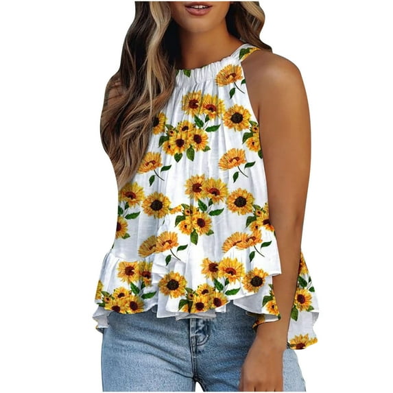 XMMSWDLA Summer Tank Tops Women Halter Sleeveless Top Shirts Ruffle Cute Smocked Top Trendy Clothing 2024 Yellow Running Tank Tops Women