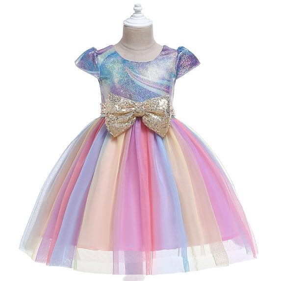 XMMSWDLA Toddler Girl Clothes Girls Color Net Yarn Sequins Bowknot Mesh Birthday Party Kids Formal Princess Dresses Deals Clearance