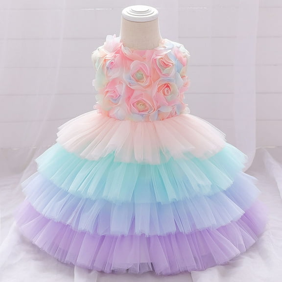 XMMSWDLA Toddler Girl Clothes Girls Gradient Color Net Yarn Mesh Flowers Birthday Party Kids Formal Princess Dresses