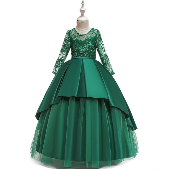 XMMSWDLA Toddler Girl Clothes Girls Lace Embroidery Flowers Net Yarn Temperament Bowknot Long Sleeve Birthday Party Gown Long Dresses