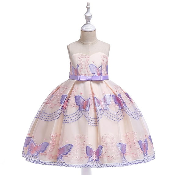 XMMSWDLA Toddler Girl Clothes Girls Solid Color Butterfly Embroidery Bowknot Birthday Party Flowers Gown Kids Dresses