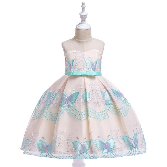 XMMSWDLA Toddler Girl Clothes Girls Solid Color Butterfly Embroidery Bowknot Birthday Party Flowers Gown Kids Dresses